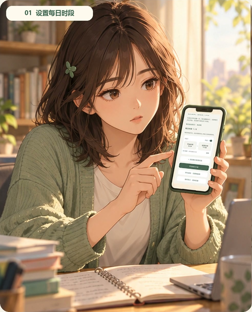 宣传短片中的动漫女生在书桌前，拿着显示去做正事设置页的手机